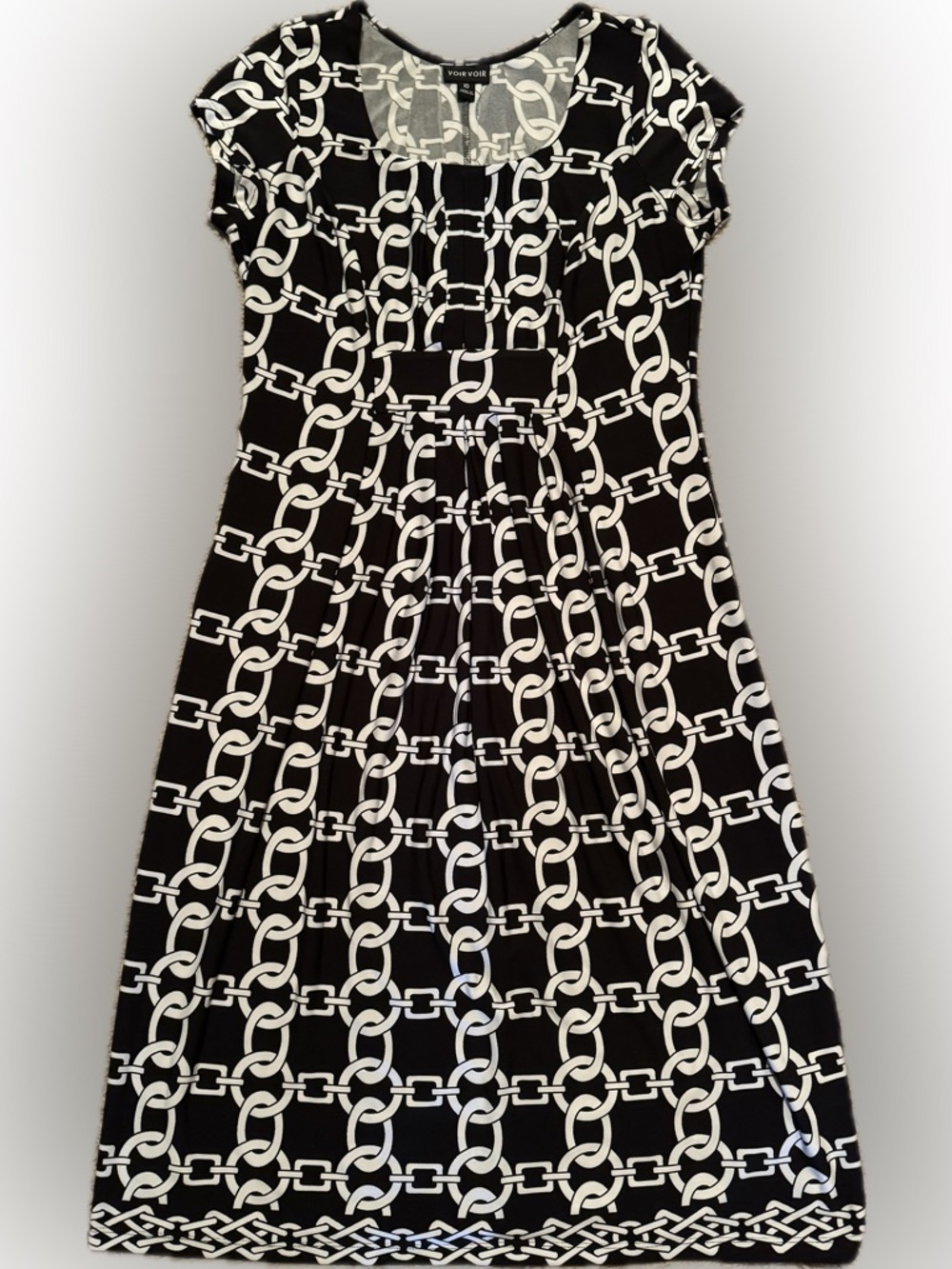 Voir Voir Sz 10 Black White Chain-Print Midi Dress w/ pleat front